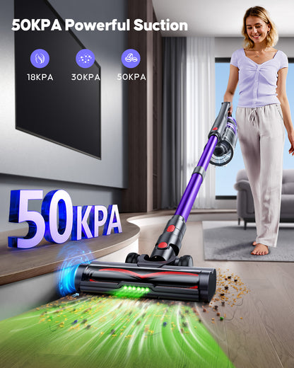 Cordless Vacuum Cleaner 600W 50KPA Powerful Suction 65 Mins Stick Handheld Vacuum Cleaners Green LED Anti-Tangle Brush Aromatherapy 1.8L Dust Cup One-Touch Empty for Carpet/Hardwood/Pet Hair/Car/Stair