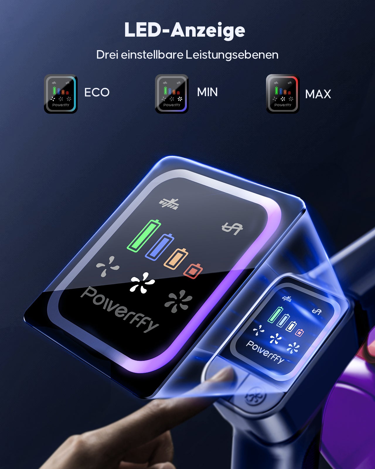 Powerffy Akku Staubsauger 600W/50KPa/65Min, Staubsauger Kabellos mit HD-Display, Aromatherapie, 1,8L-Staubbehälter, Akkustaubsauger grünem LED-Licht Bürste für Teppiche, Hartböden und Tierhaare