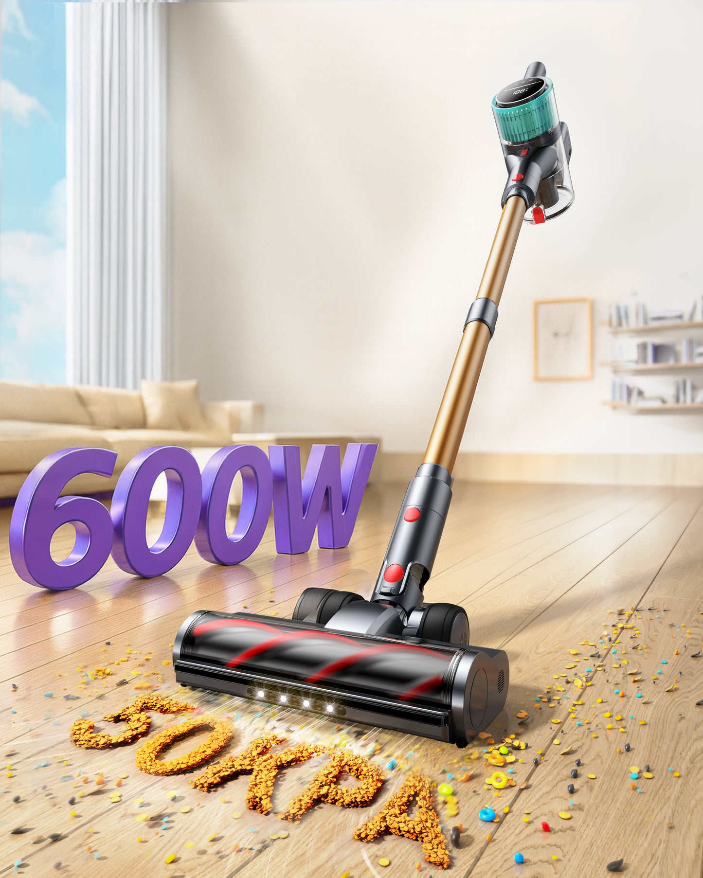 Cordless Vacuum Cleaner 600W/50Kpa/60Mins, Stick Vacuum Cleaner Cordless Powerful for Home with Touch Screen Self-standing Wall Charging Vacuum Cleaners for Carpet/Car/Pet Hair